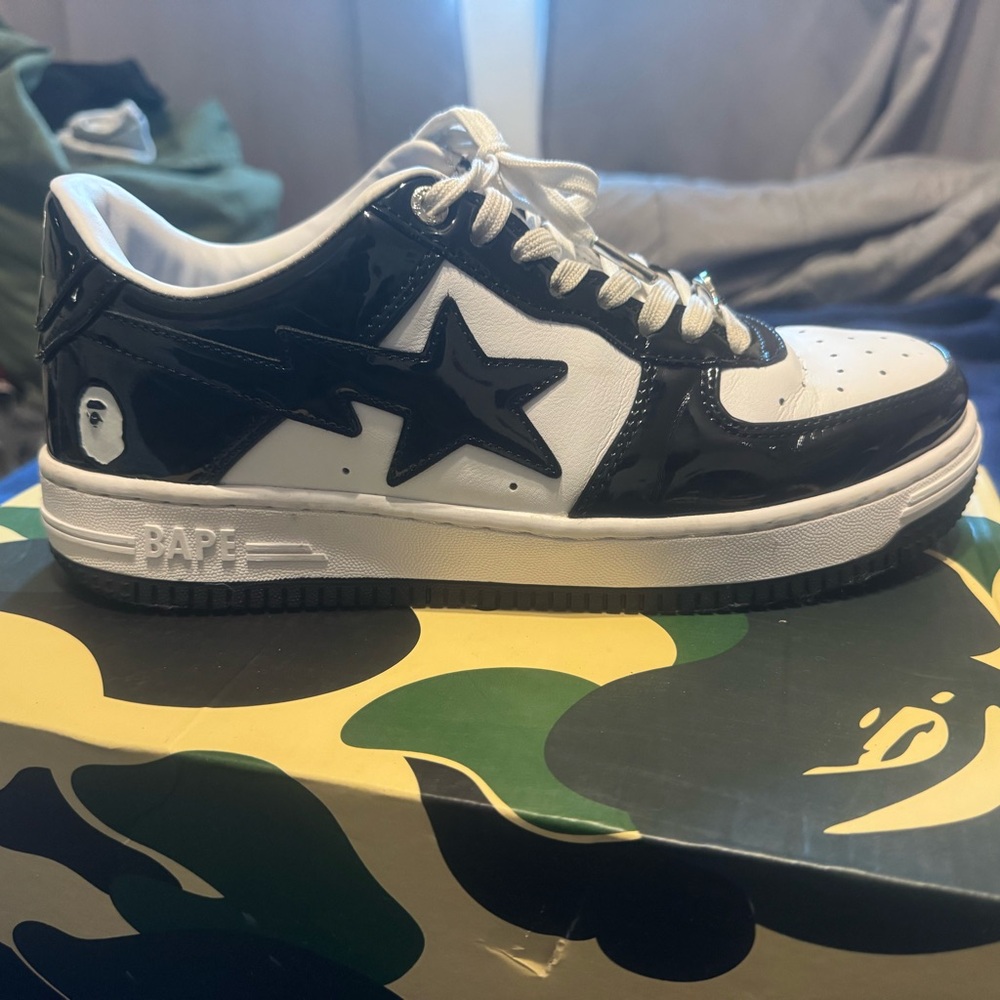 Bape Black and White Sneakers Leather Upper Rubber Outsole